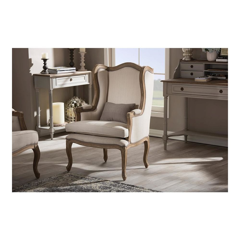 White Wash Distressed Two-tone Beige Upholstered Armchair