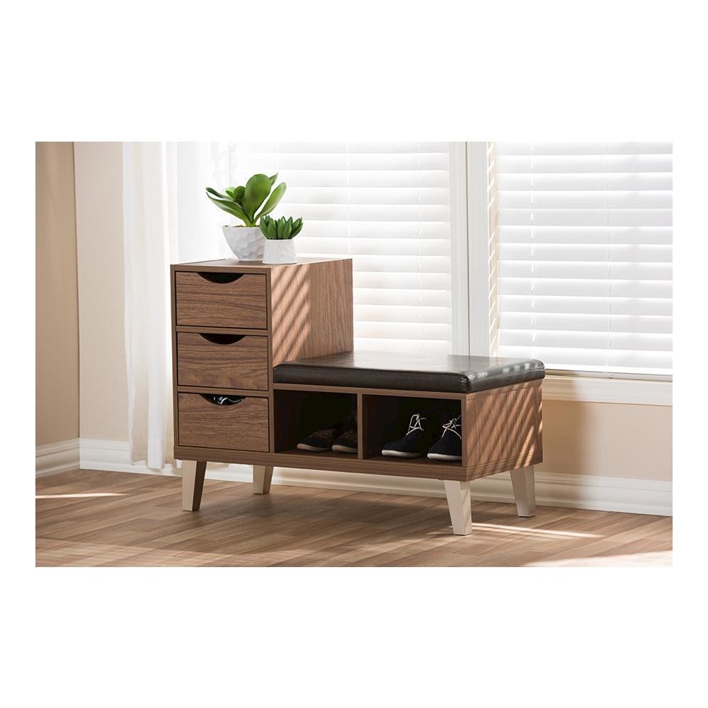 3-Drawer Shoe Storage Padded Leatherette Seating Bench with Two Open Shelves