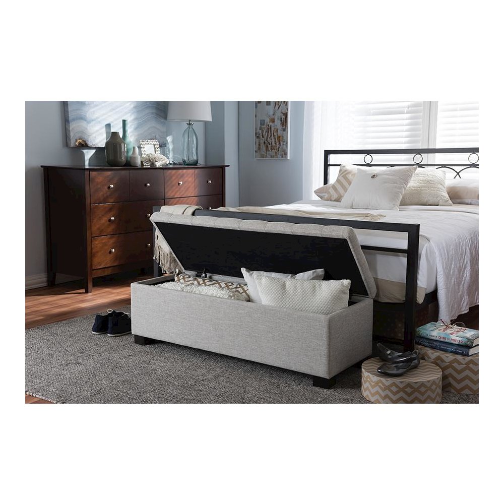 Beige Fabric Upholstered Grid-Tufting Storage Ottoman Bench