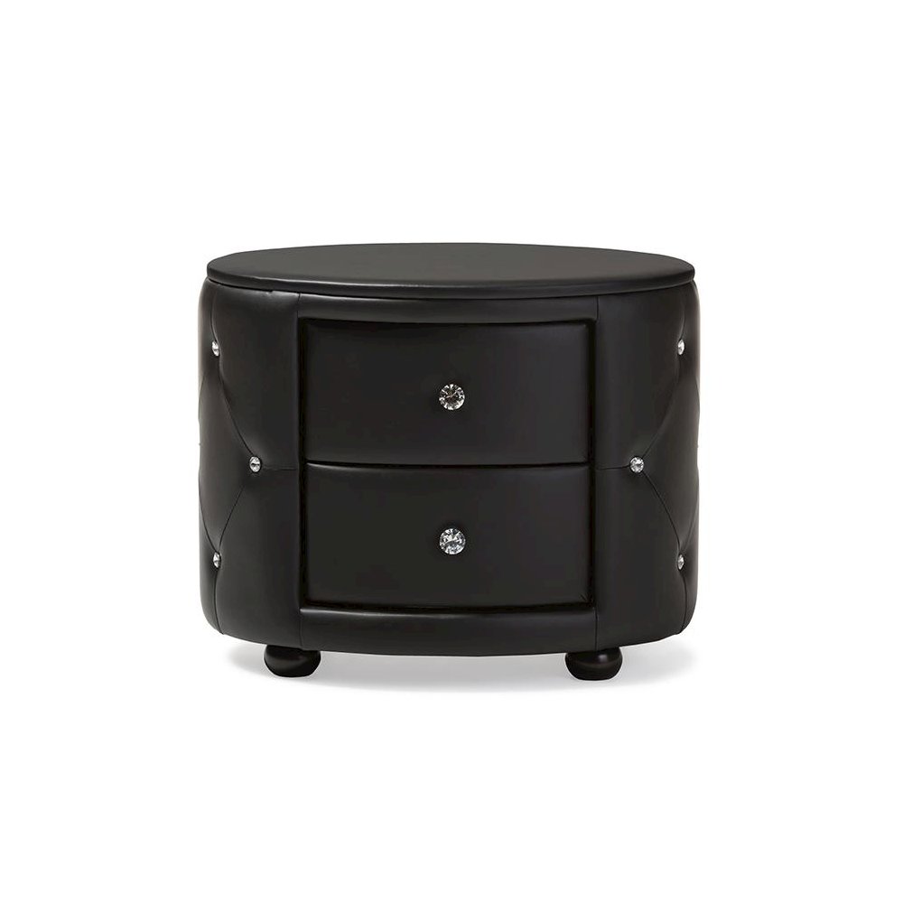 Glamour Style Oval 2-drawer Black Faux Leather Upholstered Nightstand