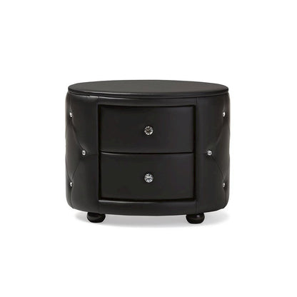 Glamour Style Oval 2-drawer Black Faux Leather Upholstered Nightstand
