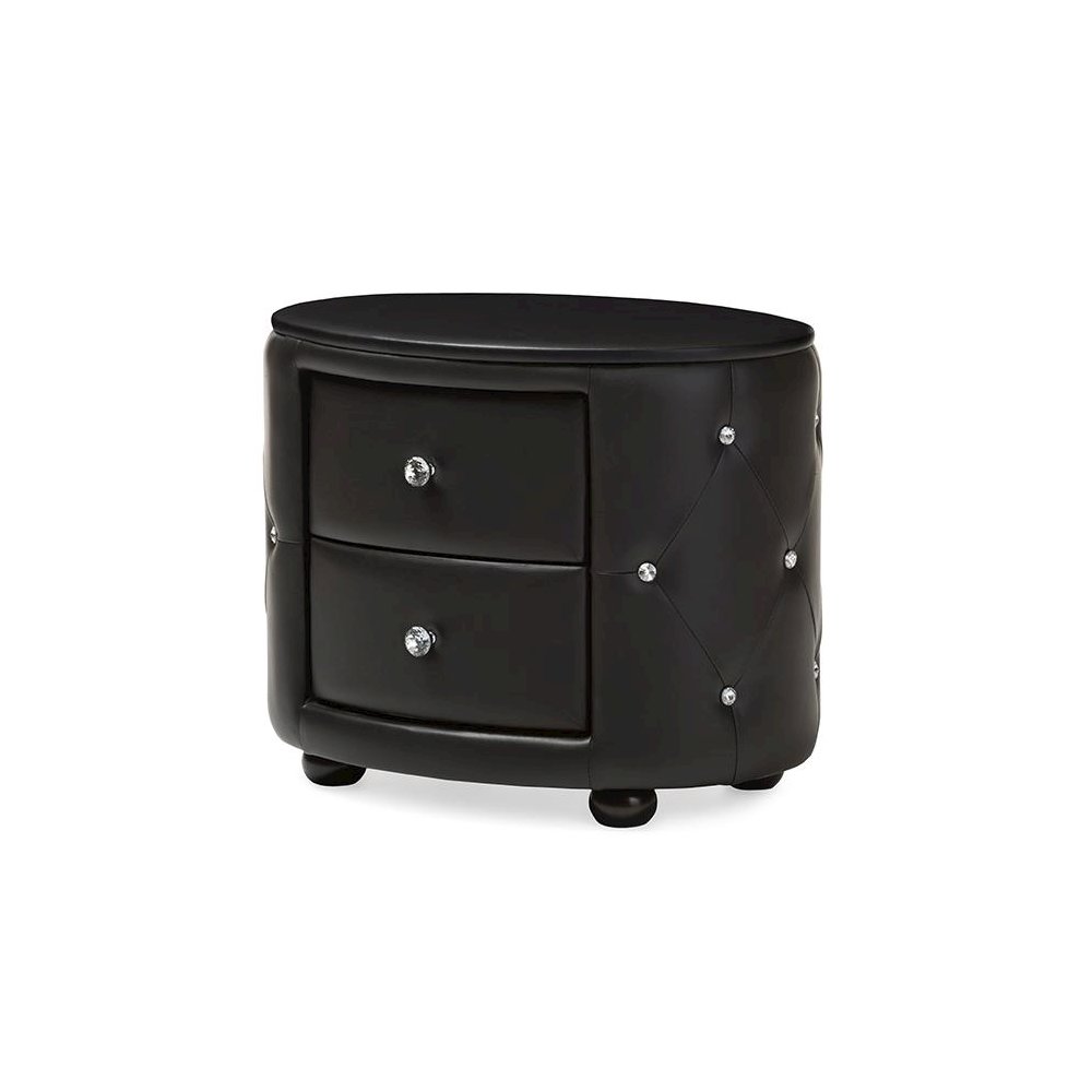 Glamour Style Oval 2-drawer Black Faux Leather Upholstered Nightstand