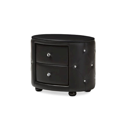 Glamour Style Oval 2-drawer Black Faux Leather Upholstered Nightstand