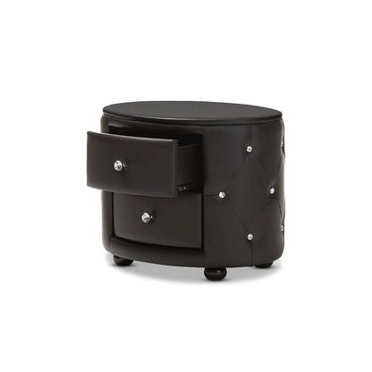 Glamour Style Oval 2-drawer Black Faux Leather Upholstered Nightstand