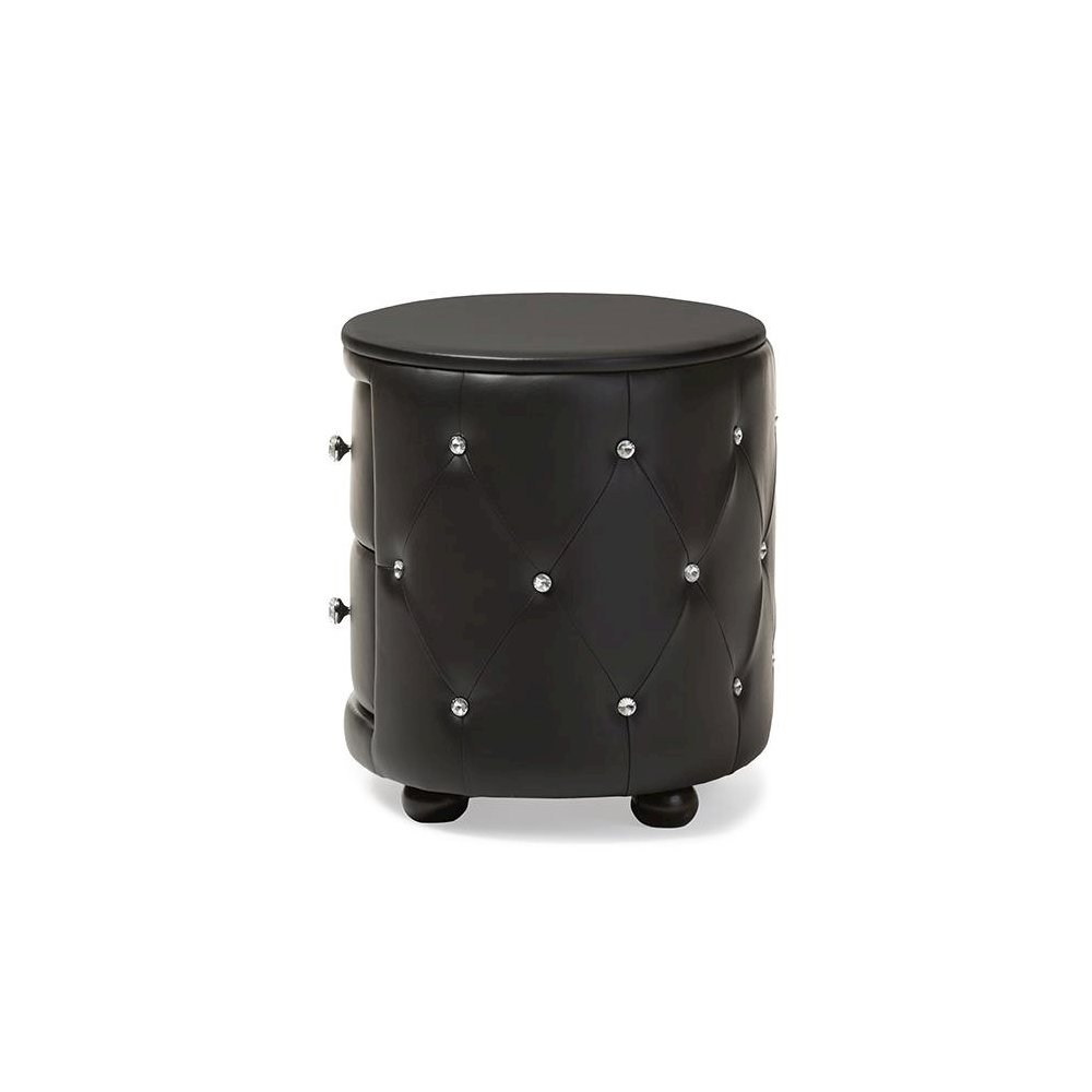 Glamour Style Oval 2-drawer Black Faux Leather Upholstered Nightstand