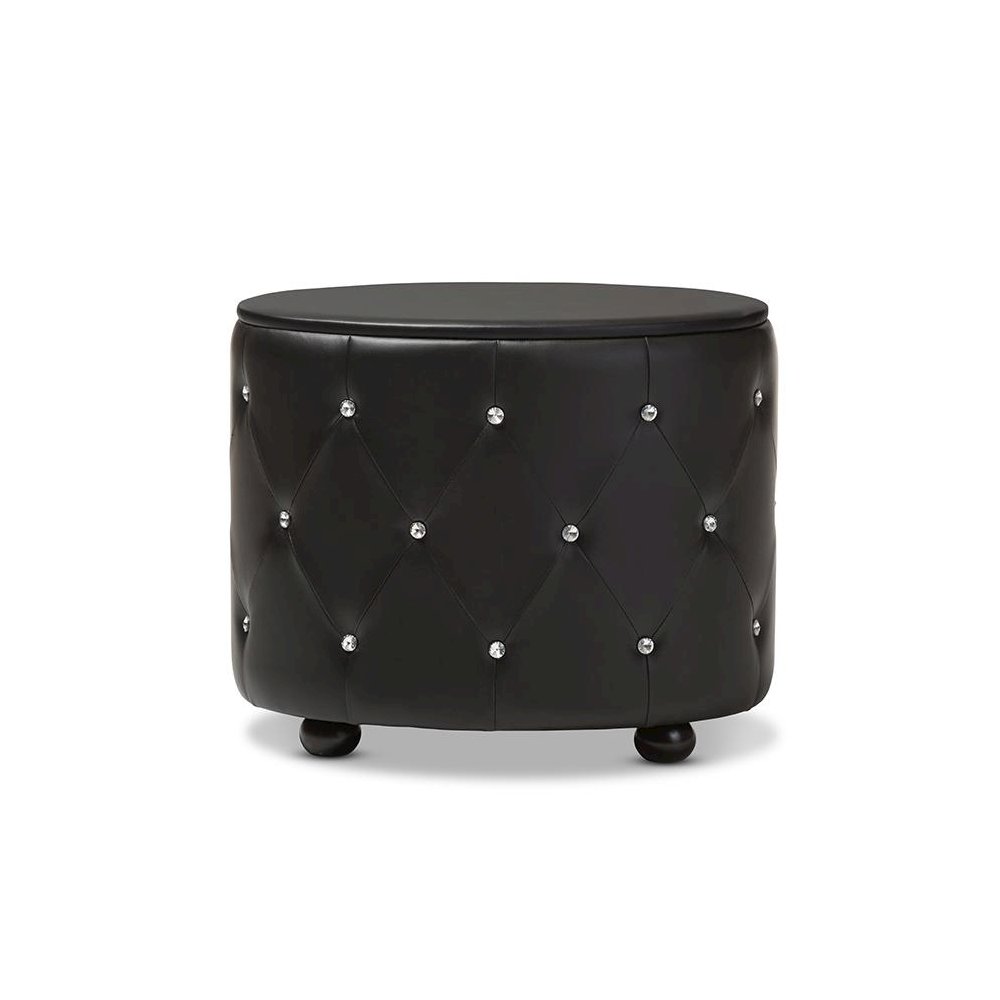 Glamour Style Oval 2-drawer Black Faux Leather Upholstered Nightstand