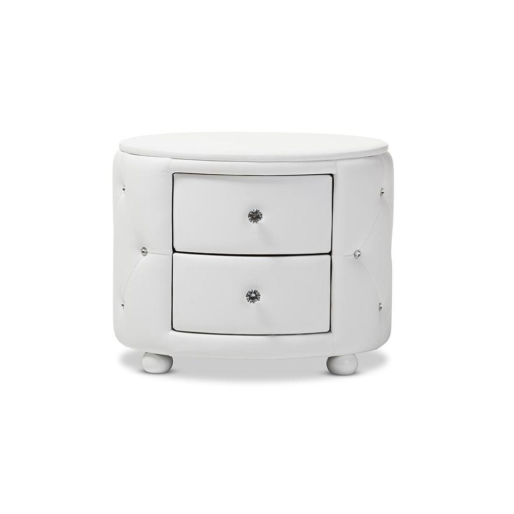 Glamour Style Oval 2-drawer White Faux Leather Upholstered Nightstand