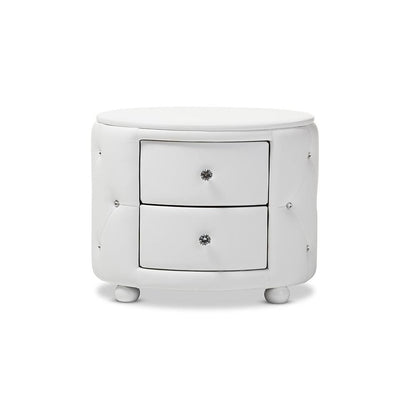 Glamour Style Oval 2-drawer White Faux Leather Upholstered Nightstand