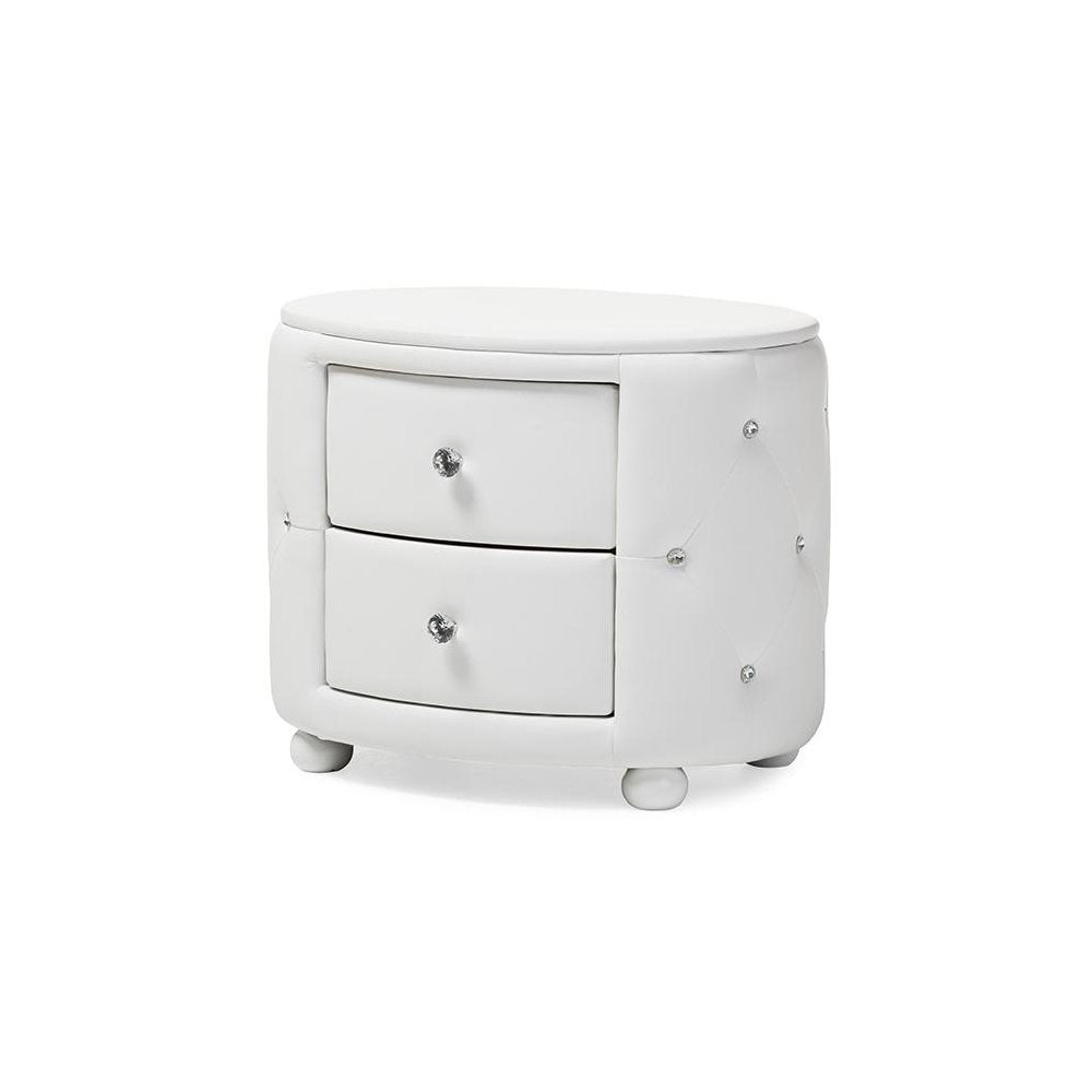 Glamour Style Oval 2-drawer White Faux Leather Upholstered Nightstand