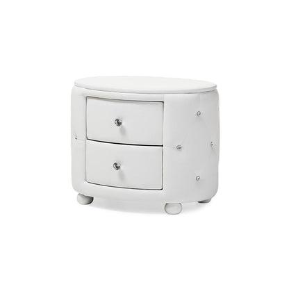 Glamour Style Oval 2-drawer White Faux Leather Upholstered Nightstand