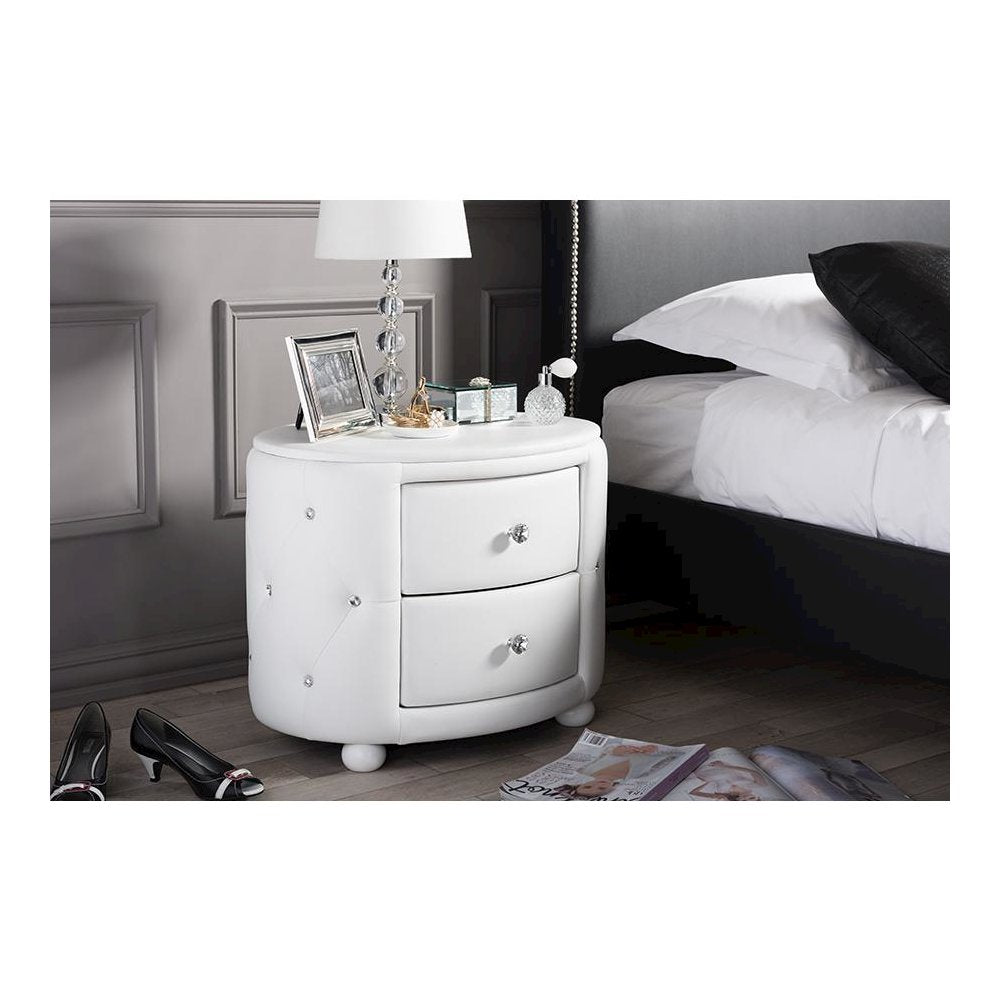 Glamour Style Oval 2-drawer White Faux Leather Upholstered Nightstand