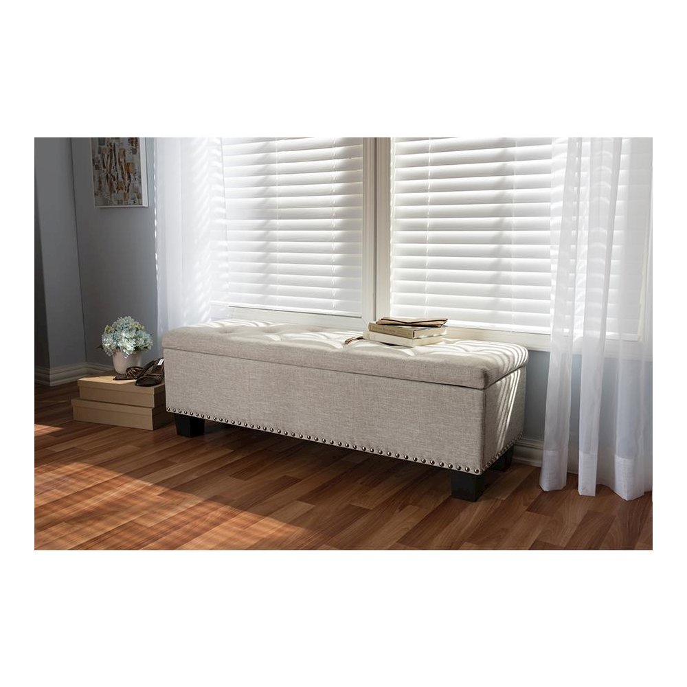 Beige Fabric Upholstered Button-Tufting Storage Ottoman Bench