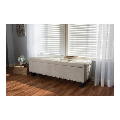 Beige Fabric Upholstered Button-Tufting Storage Ottoman Bench