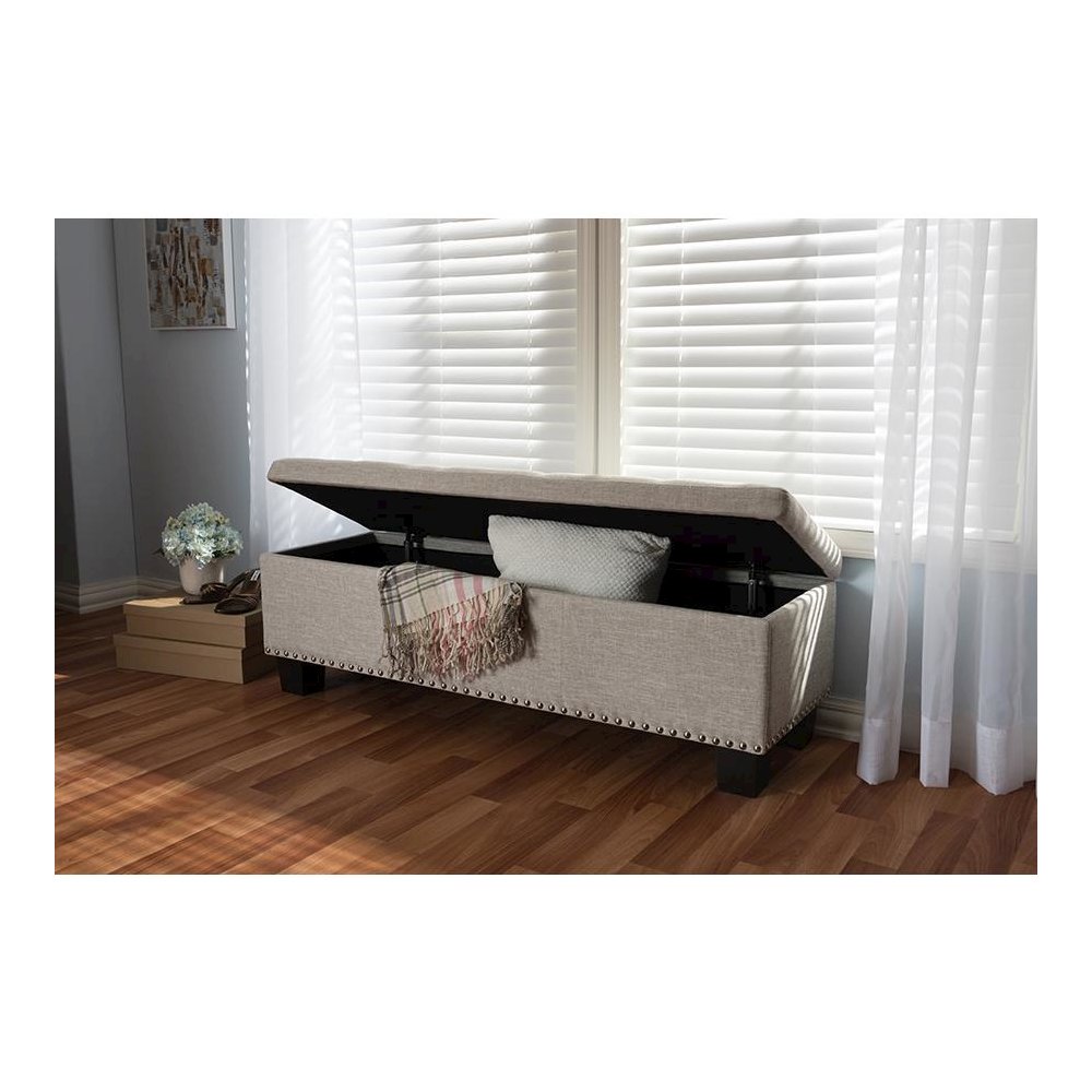 Beige Fabric Upholstered Button-Tufting Storage Ottoman Bench