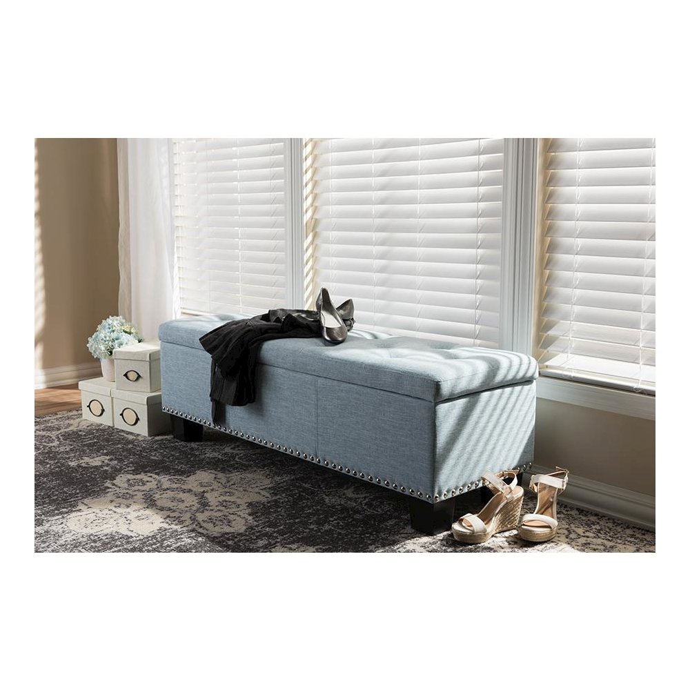 Light Blue Fabric Upholstered Button-Tufting Storage Ottoman Bench