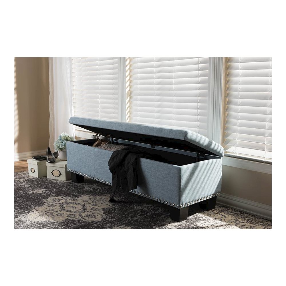 Light Blue Fabric Upholstered Button-Tufting Storage Ottoman Bench