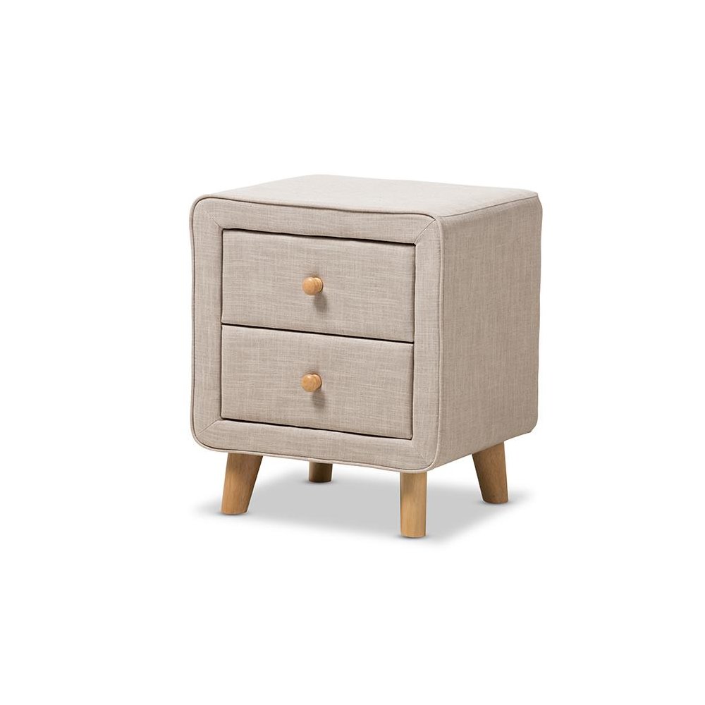 Baxton Studio Jonesy Mid-Century Beige Linen Upholstered 2-Drawer Nightstand