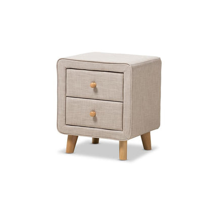 Baxton Studio Jonesy Mid-Century Beige Linen Upholstered 2-Drawer Nightstand
