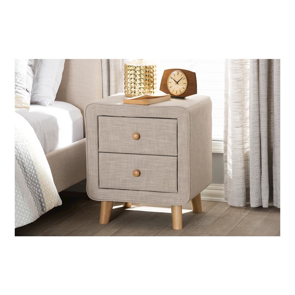 Baxton Studio Jonesy Mid-Century Beige Linen Upholstered 2-Drawer Nightstand