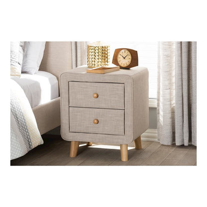 Baxton Studio Jonesy Mid-Century Beige Linen Upholstered 2-Drawer Nightstand