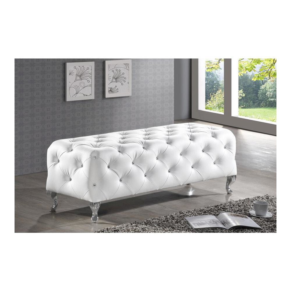 Baxton Studio Stella Crystal Tufted White Leather Modern Bench