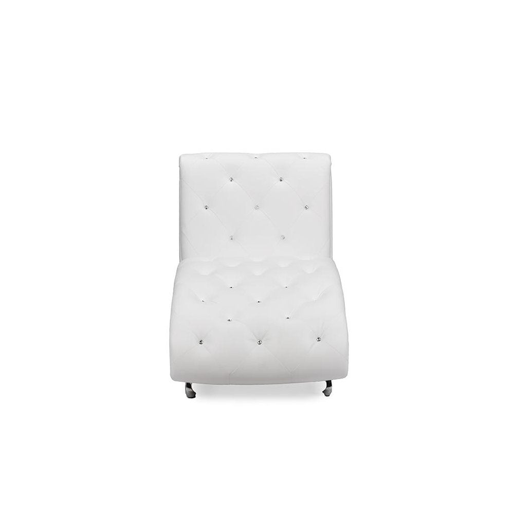 White Faux Leather Upholstered Crystal Button Tufted Chaise Lounge