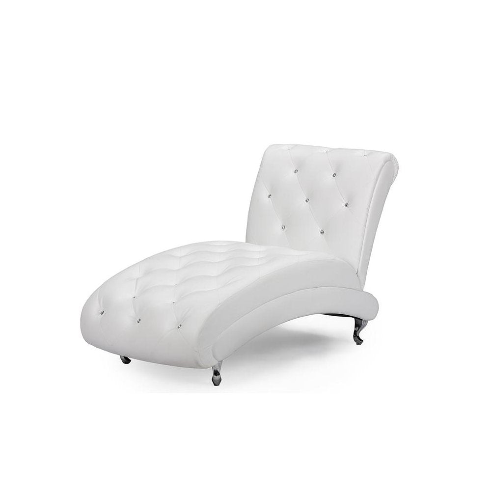 White Faux Leather Upholstered Crystal Button Tufted Chaise Lounge