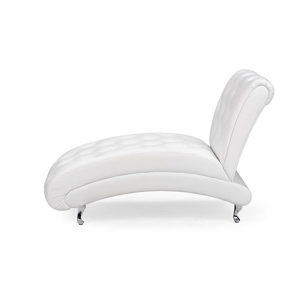 White Faux Leather Upholstered Crystal Button Tufted Chaise Lounge