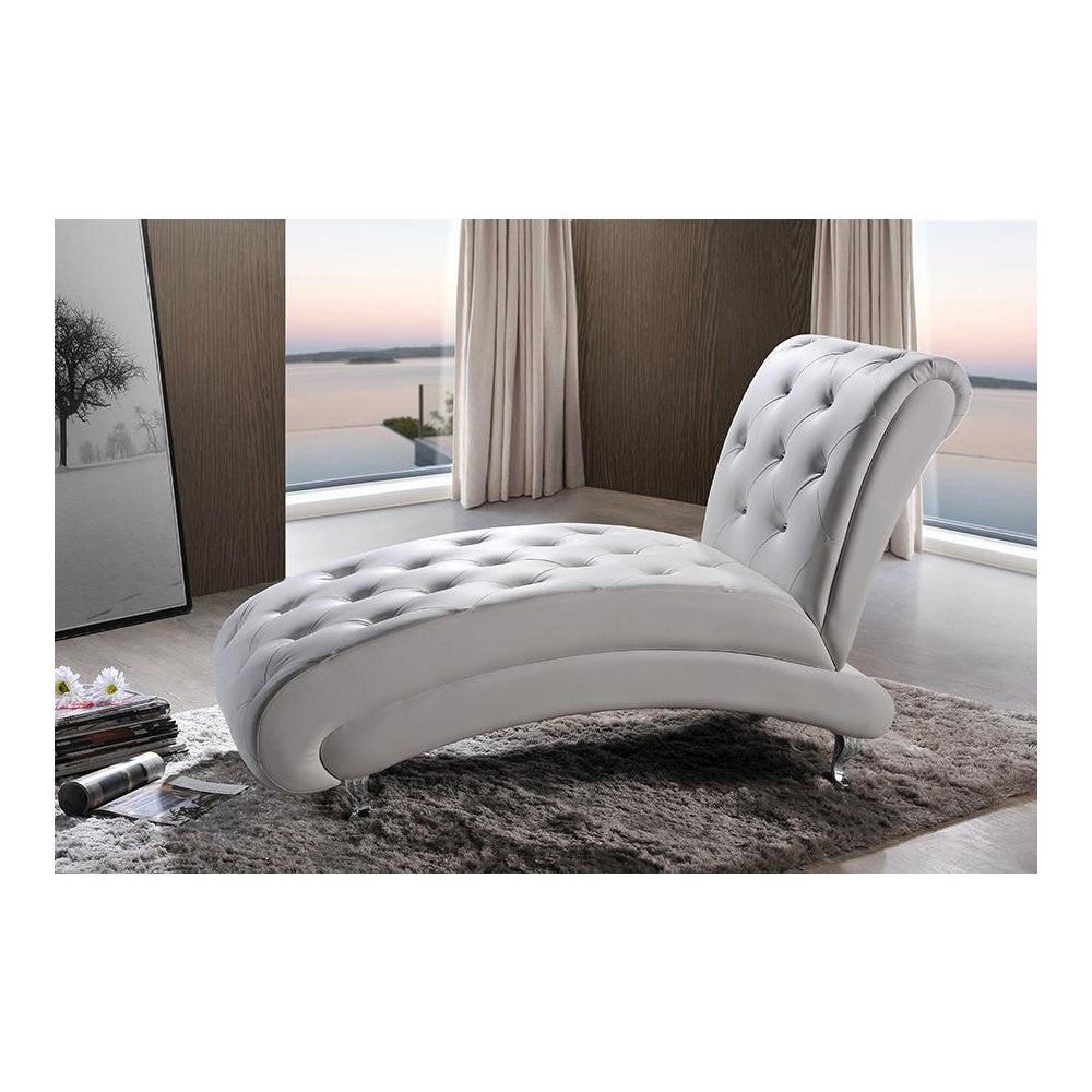 White Faux Leather Upholstered Crystal Button Tufted Chaise Lounge
