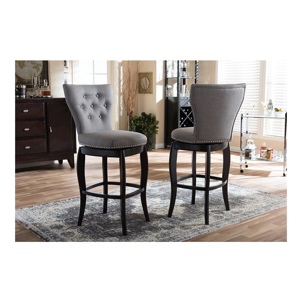 Grey Fabric Upholstered Button-tufted 29-Inch 2-Piece Swivel Bar Stool Set