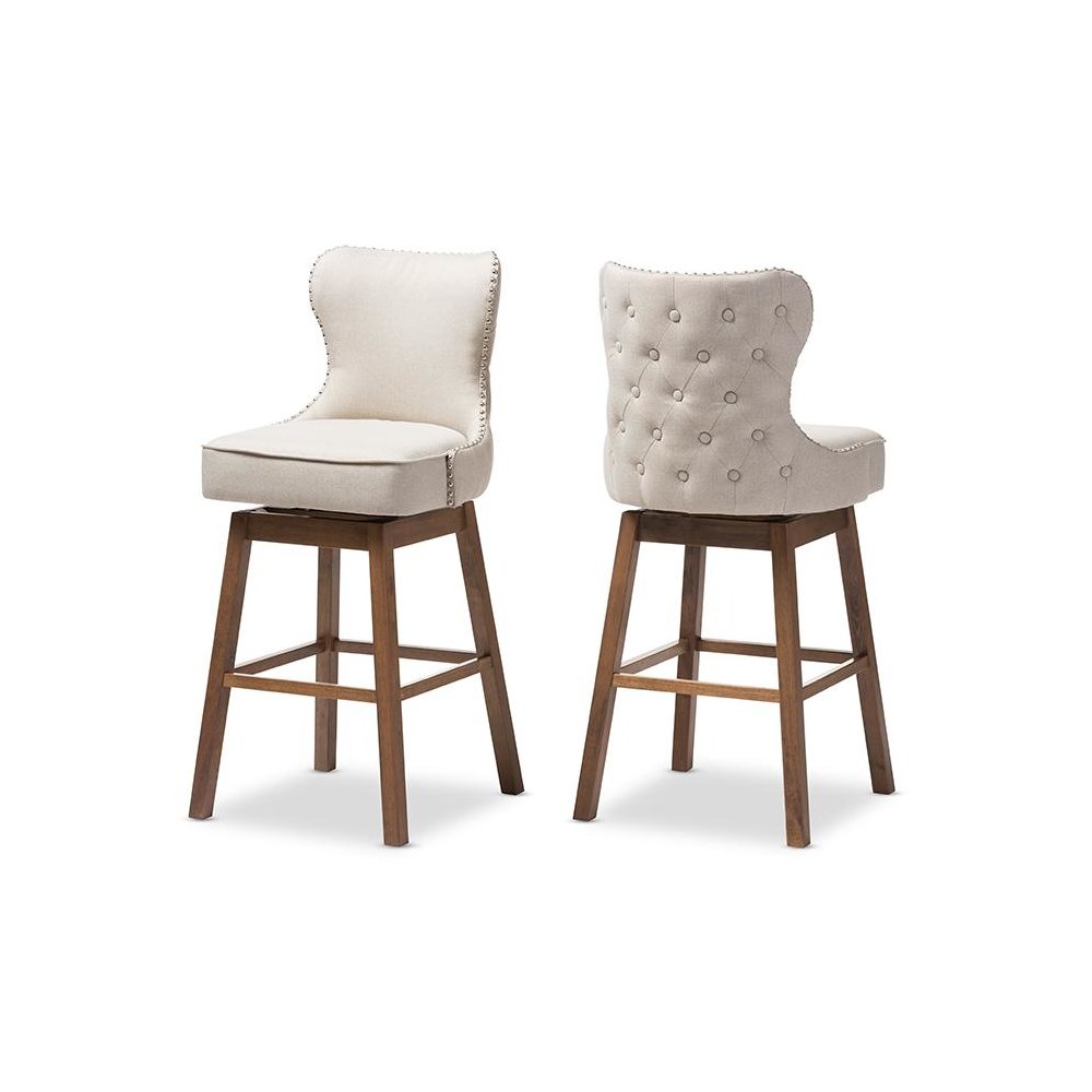 Light Beige Fabric Button-Tufted Upholstered 2-Piece Swivel Barstool Set