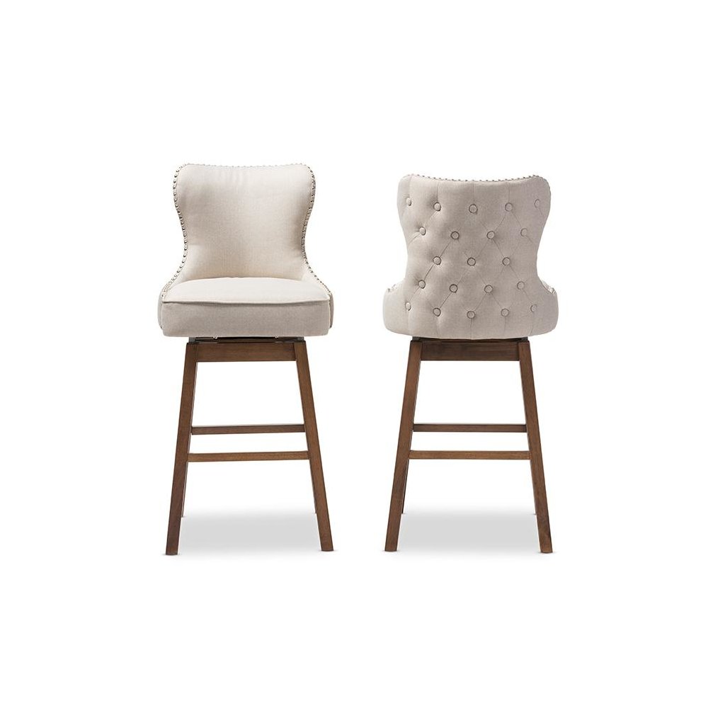 Light Beige Fabric Button-Tufted Upholstered 2-Piece Swivel Barstool Set
