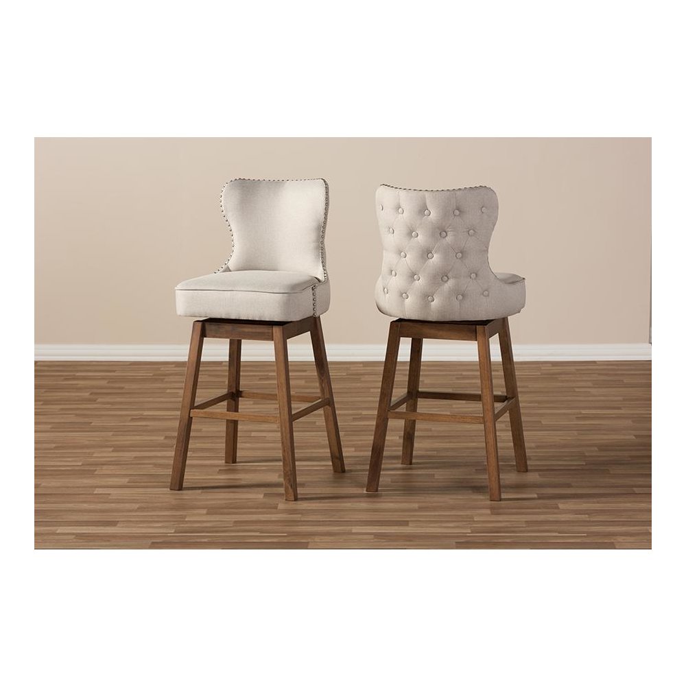 Light Beige Fabric Button-Tufted Upholstered 2-Piece Swivel Barstool Set