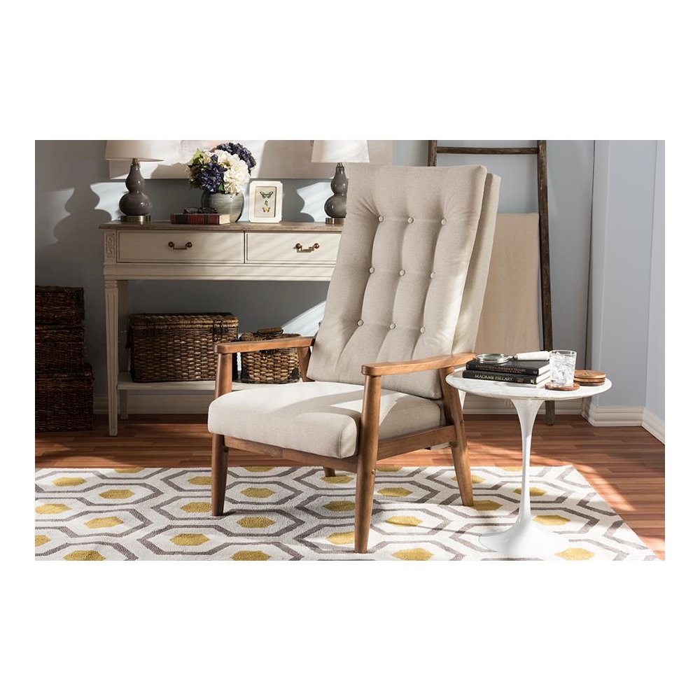 Light Beige Fabric Upholstered Button-Tufted High-Back Chair