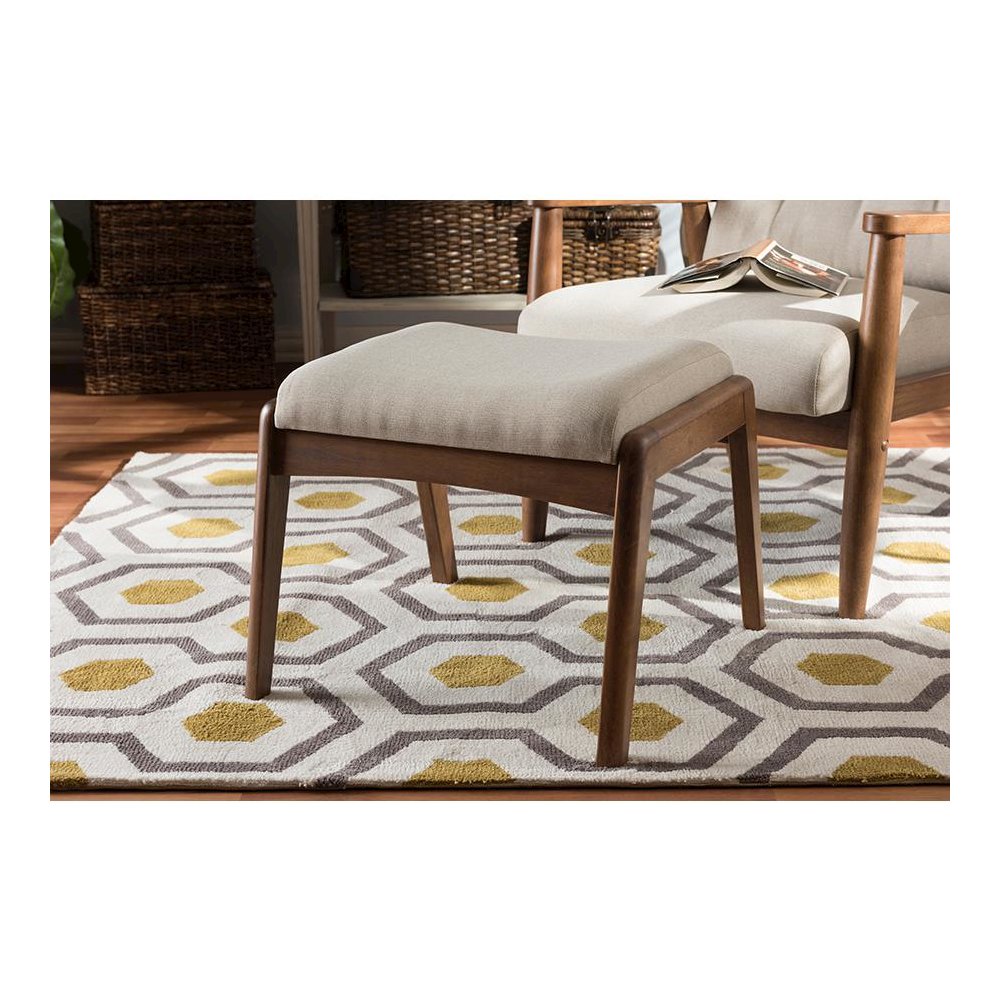 Walnut Wood Finishing and Light Beige Fabric Upholstered Ottoman