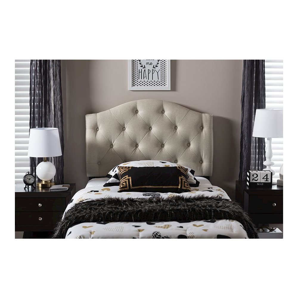 Light Beige Fabric Upholstered Button-Tufted Scalloped Twin Size Headboard