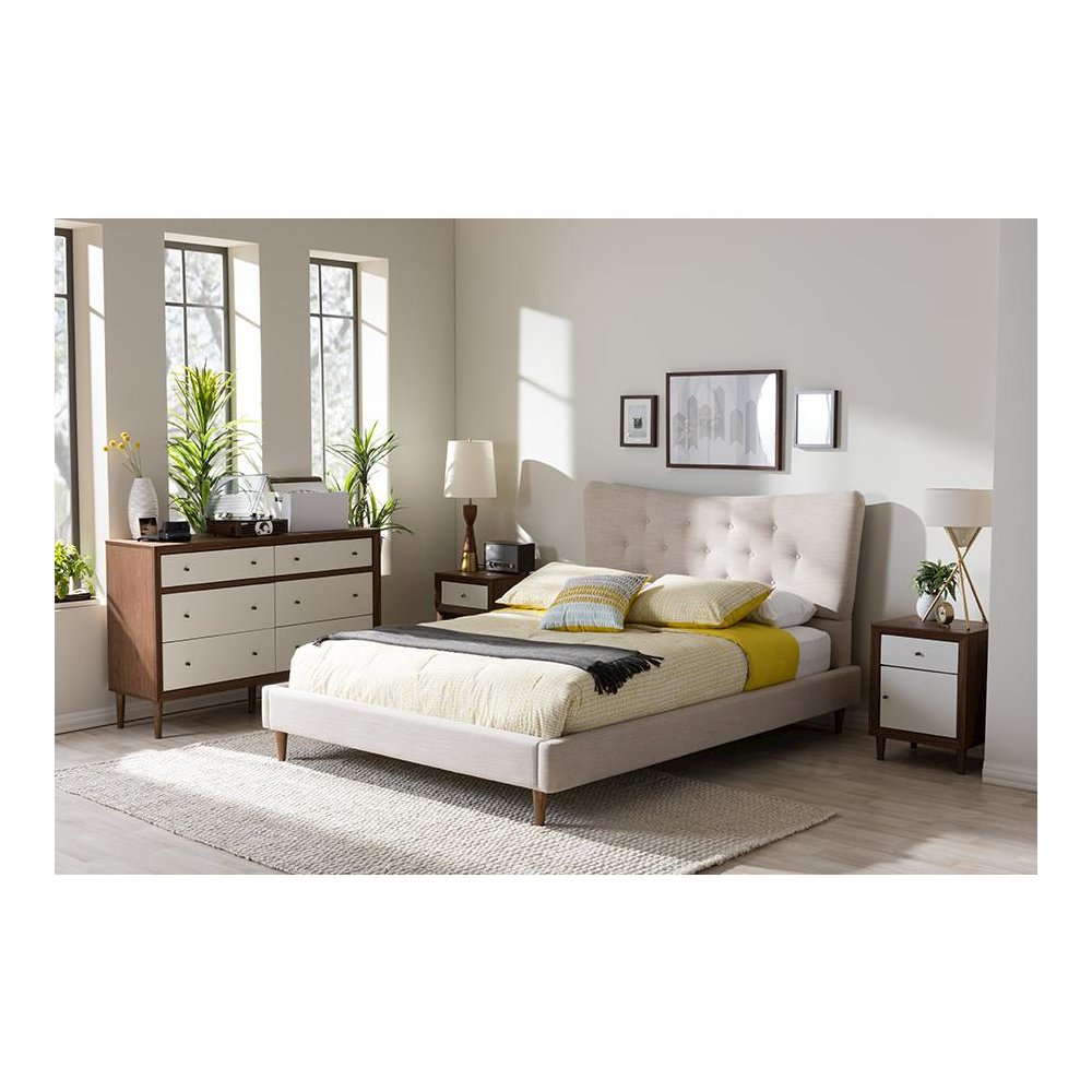 Baxton Studio Hannah Mid-Century Modern Beige Linen Queen Size Platform Bed