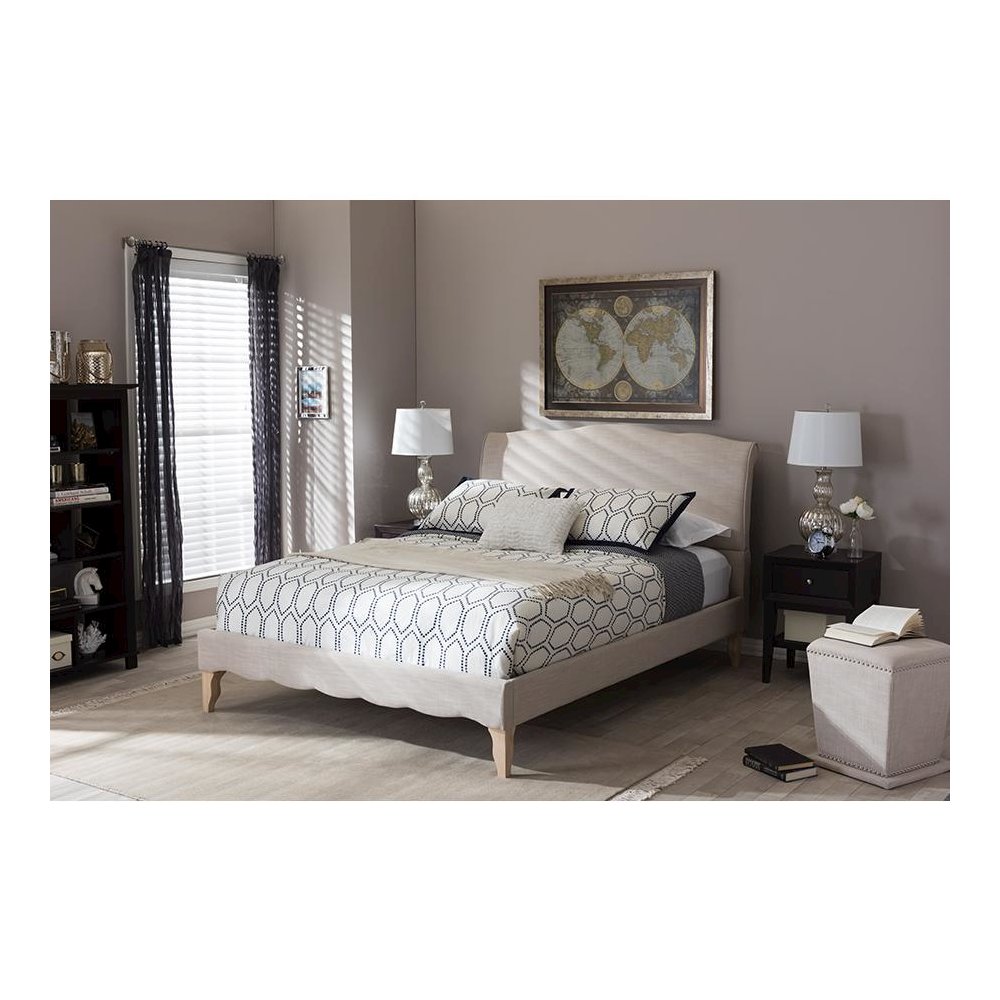 Fannie French Classic Modern Style Beige Linen Fabric King Size Platform Bed
