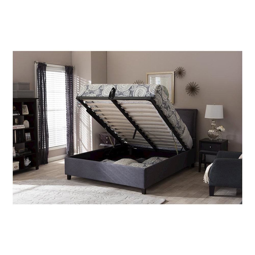 Lea Modern and Contemporary Dark Grey Fabric Queen Size Storage Platform Bed