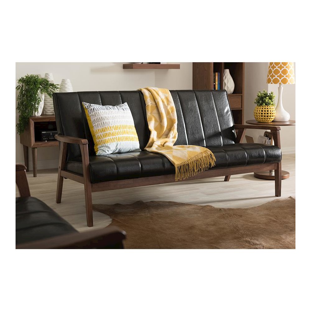 Leather Wooden 3-Seater Sofa