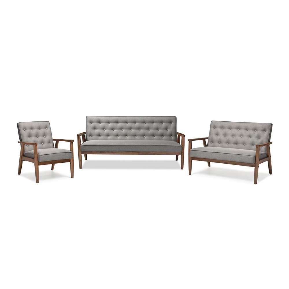 Grey Fabric Upholstered Wooden 3 Piece Living room Set