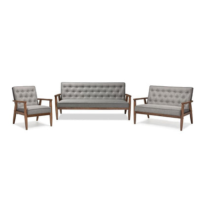 Grey Fabric Upholstered Wooden 3 Piece Living room Set