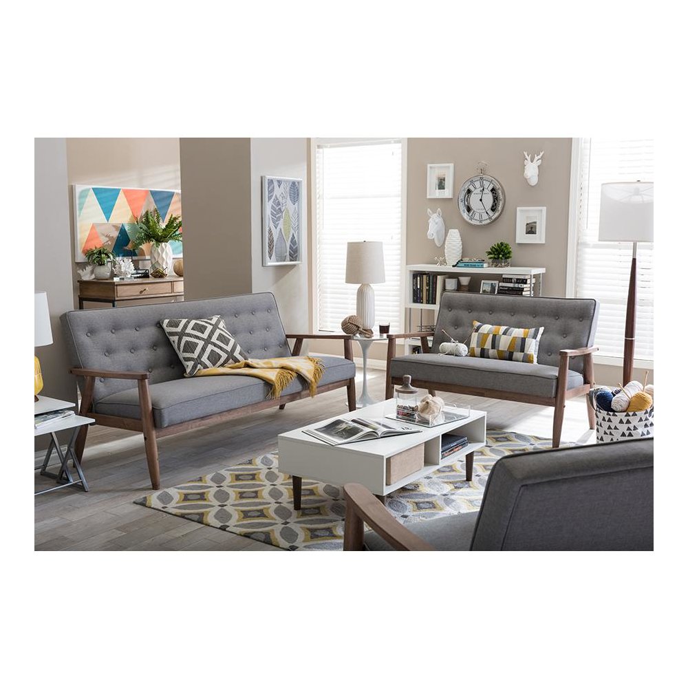 Grey Fabric Upholstered Wooden 3 Piece Living room Set