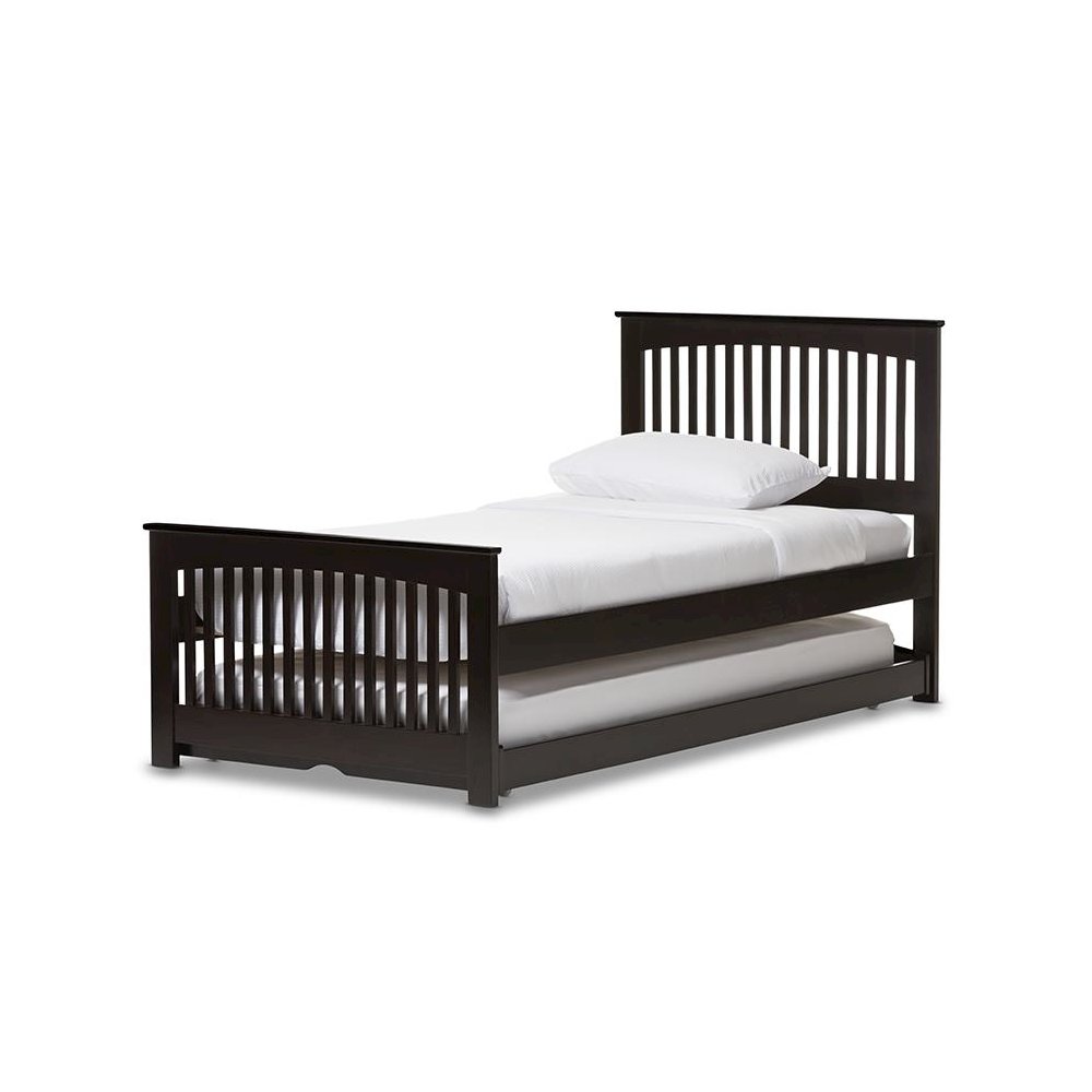 Hevea Twin Size Dark Brown Solid Wood Platform Bed with Guest Trundle Bed