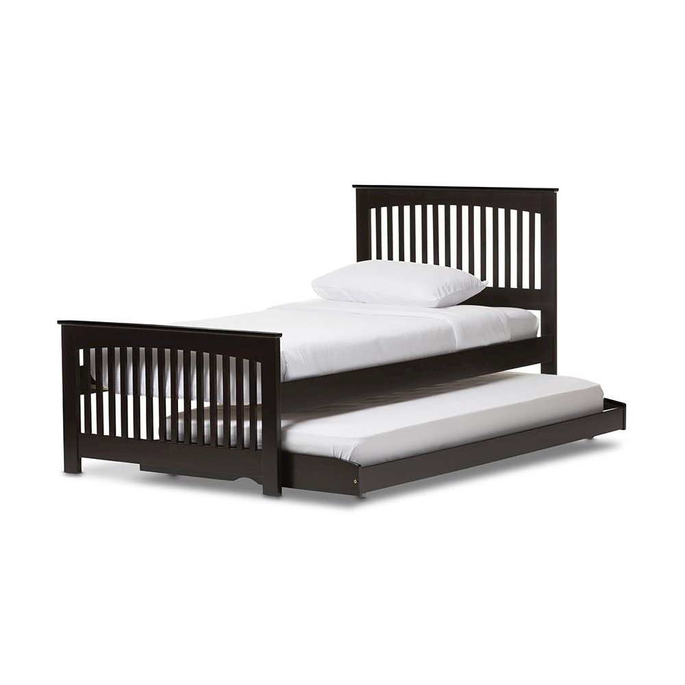 Hevea Twin Size Dark Brown Solid Wood Platform Bed with Guest Trundle Bed