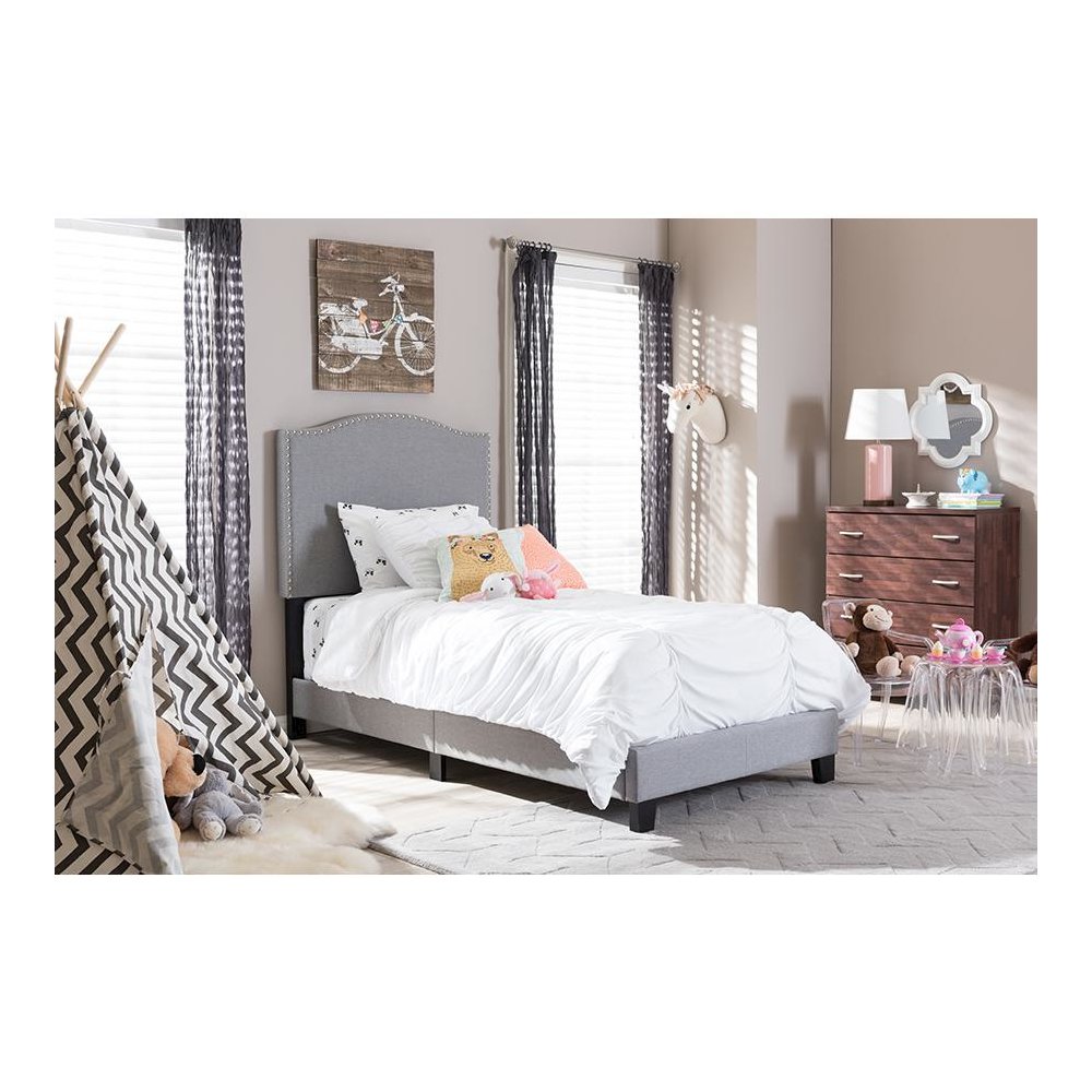 Grey Fabric Upholstered Twin Size Arched Bed with Nail Heads