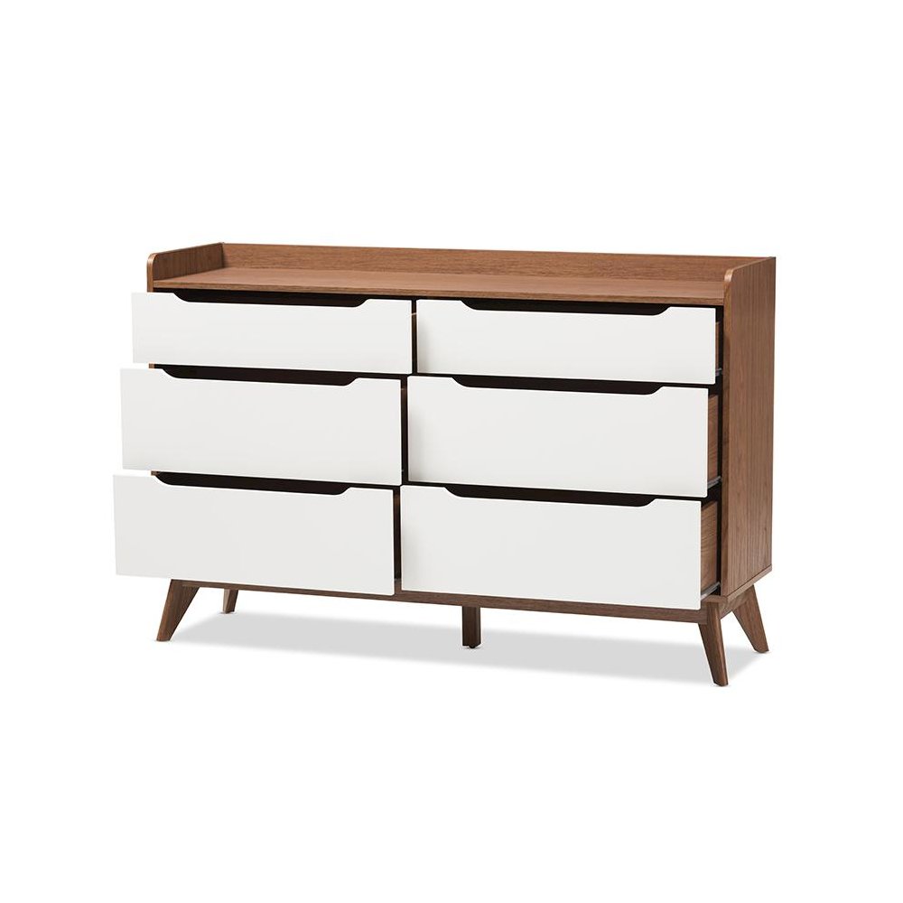Brighton Mid-Century Modern White and Walnut Wood 6-Drawer Storage Dresser
