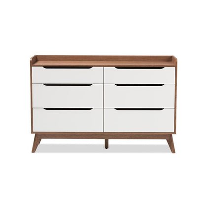 Brighton Mid-Century Modern White and Walnut Wood 6-Drawer Storage Dresser