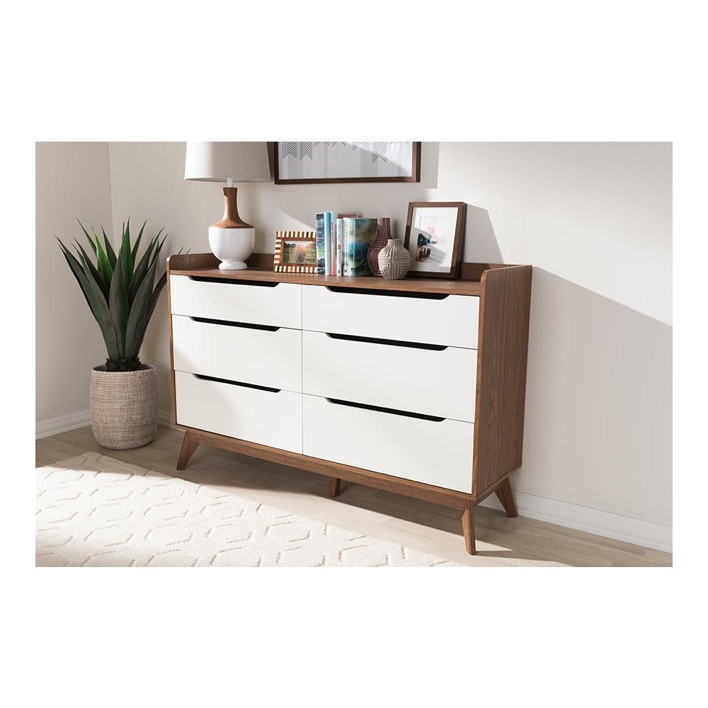 Brighton Mid-Century Modern White and Walnut Wood 6-Drawer Storage Dresser