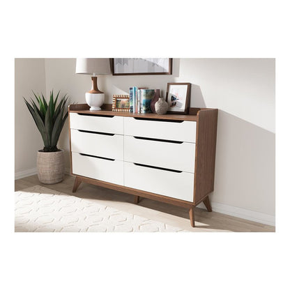 Brighton Mid-Century Modern White and Walnut Wood 6-Drawer Storage Dresser